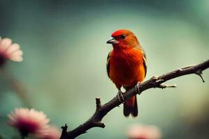 a red bird sits on a branch with pink flowers. AI-Generated photo