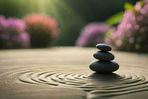 a stack of stones on top of a wooden table. AI-Generated photo