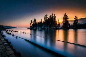 un largo exposición fotografía de un lago a puesta de sol. generado por ai foto