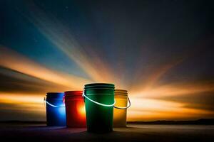 three colorful buckets on a beach at night. AI-Generated photo