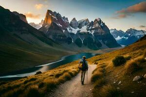 un hombre camina en un camino en el montañas. generado por ai foto