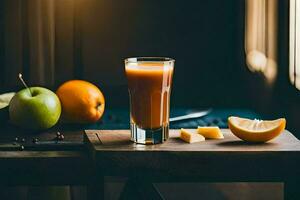 an orange juice glass sits on a table next to an apple, cheese and an orange. AI-Generated photo