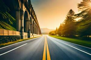 un largo vacío la carretera con el Dom ajuste detrás él. generado por ai foto