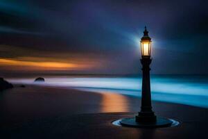 a street light on the beach at night. AI-Generated photo