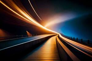 un largo exposición fotografía de un puente a noche. generado por ai foto