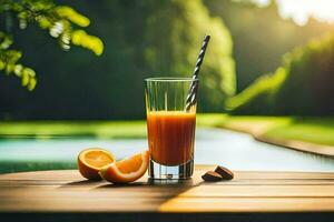 orange juice on a wooden table with a pool in the background. AI-Generated photo