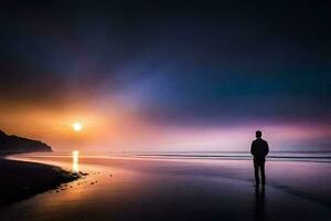 un hombre en pie en el playa a puesta de sol. generado por ai foto