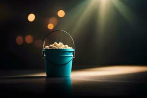 a bucket of popcorn on a table in front of a spotlight. AI-Generated photo