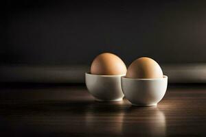 two eggs in white cups on a table. AI-Generated photo