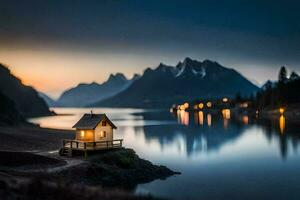 a small house sits on the shore of a lake at dusk. AI-Generated photo