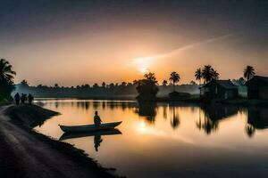 un hombre en un barco en el río a puesta de sol. generado por ai foto