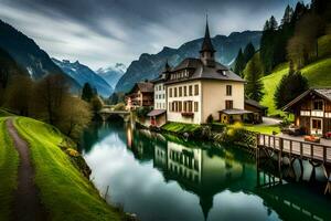 a river runs through a village in the mountains. AI-Generated photo