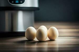 four eggs on a table next to an electric pressure cooker. AI-Generated photo