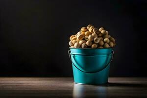 cashews in a blue bucket on a dark background. AI-Generated photo