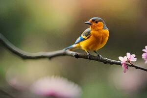 a small bird sits on a branch with pink flowers. AI-Generated photo