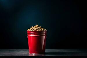 a red bucket filled with peanuts on a table. AI-Generated photo