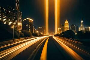 un largo exposición fotografía de un ciudad a noche. generado por ai foto