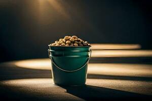a bucket of peanuts on a table. AI-Generated photo