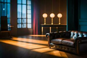 a dark room with a leather couch and a lamp. AI-Generated photo