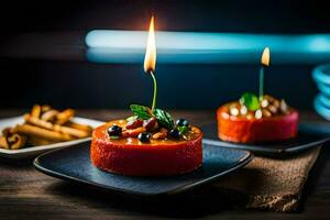 two small cakes with candles on them. AI-Generated photo
