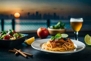 spaghetti with tomato sauce and salad on a plate with a glass of wine and a sunset view. AI-Generated photo