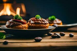 dos pequeño pasteles con chocolate salsa en un lámina. generado por ai foto