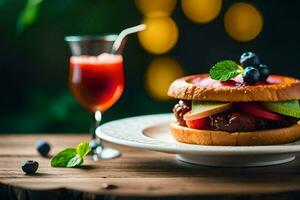a hamburger with blueberries and a glass of juice. AI-Generated photo