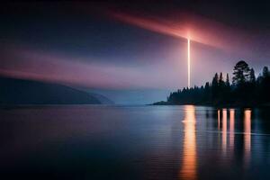 a long exposure photograph of a light shining over a lake. AI-Generated photo