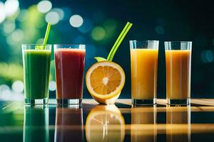 a group of juice glasses with different colored juices. AI-Generated photo