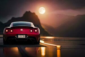 the nissan gt-r sports car is parked on a road at sunset. AI-Generated photo