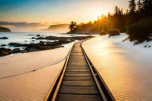 a wooden walkway leads to the beach at sunset. AI-Generated photo