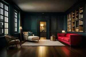 un vivo habitación con oscuro madera paredes y un rojo sofá. generado por ai foto