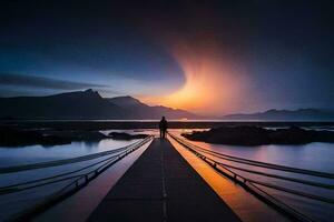 un hombre en pie en un puente a puesta de sol. generado por ai foto