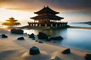 foto fondo de pantalla el cielo, agua, playa, rocas, Japón, el océano, el playa. generado por ai