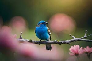 un azul pájaro se sienta en un rama en frente de rosado flores generado por ai foto