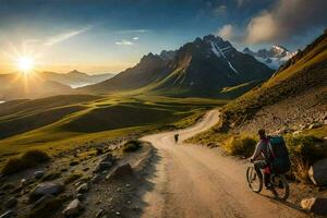 un hombre en un bicicleta paseos abajo un suciedad la carretera en el montañas. generado por ai foto