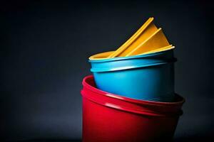 three colorful plastic buckets are stacked on top of each other. AI-Generated photo