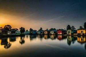 vistoso casas en el agua a puesta de sol. generado por ai foto