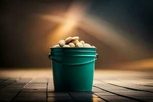 a bucket filled with peanuts on a wooden floor. AI-Generated photo