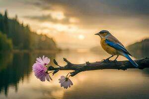 a blue bird sits on a branch near a lake. AI-Generated photo