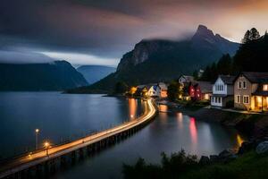 foto fondo de pantalla el cielo, montañas, agua, casas, el mar, el cielo, Noruega. generado por ai