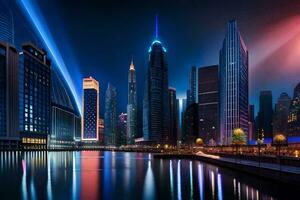 el ciudad a noche con luces brillante en él. generado por ai foto