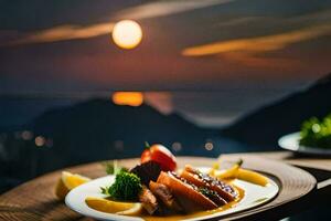 un plato de comida con un puesta de sol vista. generado por ai foto