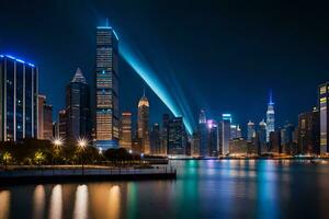 el ciudad horizonte a noche con luces brillante en él. generado por ai foto