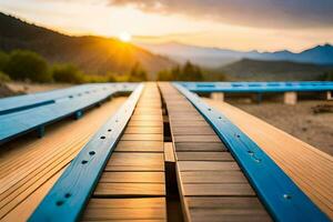 a wooden boardwalk with a sunset in the background. AI-Generated photo