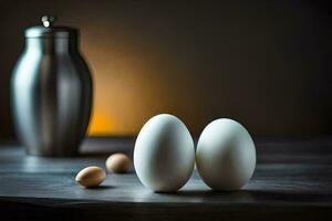 dos huevos en un mesa siguiente a un plata poder. generado por ai foto