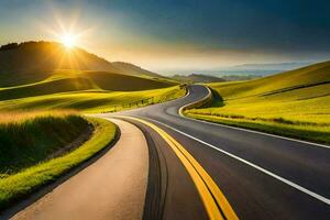 the sun is setting over a winding road in the countryside. AI-Generated photo