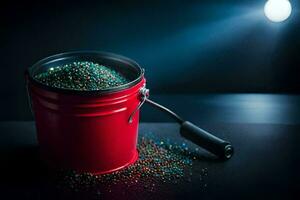 a bucket filled with sprinkles on a dark background. AI-Generated photo