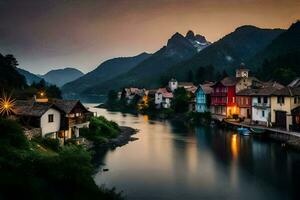 foto fondo de pantalla el cielo, montañas, río, casas, montañas, río, casas, montañas,. generado por ai