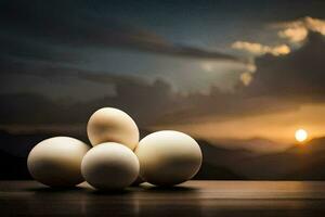 cuatro huevos en un mesa con un puesta de sol en el antecedentes. generado por ai foto